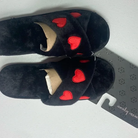 Nanette Lepore Black X band slipper with Red Heart Design pattern M 8 - Picture 13 of 14